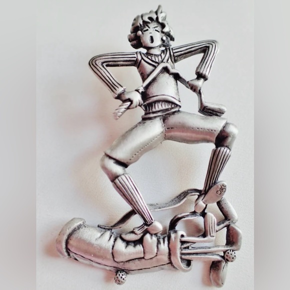 Artisan Signed JJ Jonette Angry Golfer Breaking Golf Club Brooch Pin Rare 1980s - Picture 1 of 4